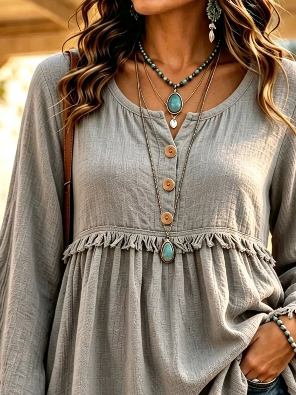 Button-Down Detail Fringed Hem Blouse, view 5