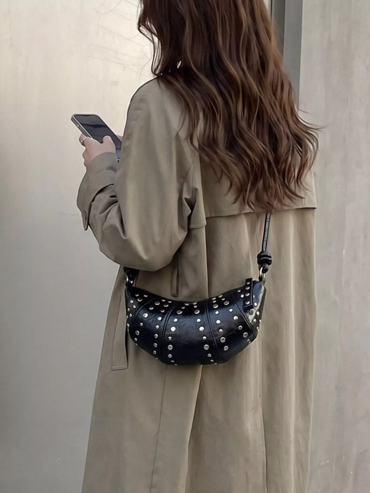 Studded Crescent Shoulder Bag - Lilixa.store