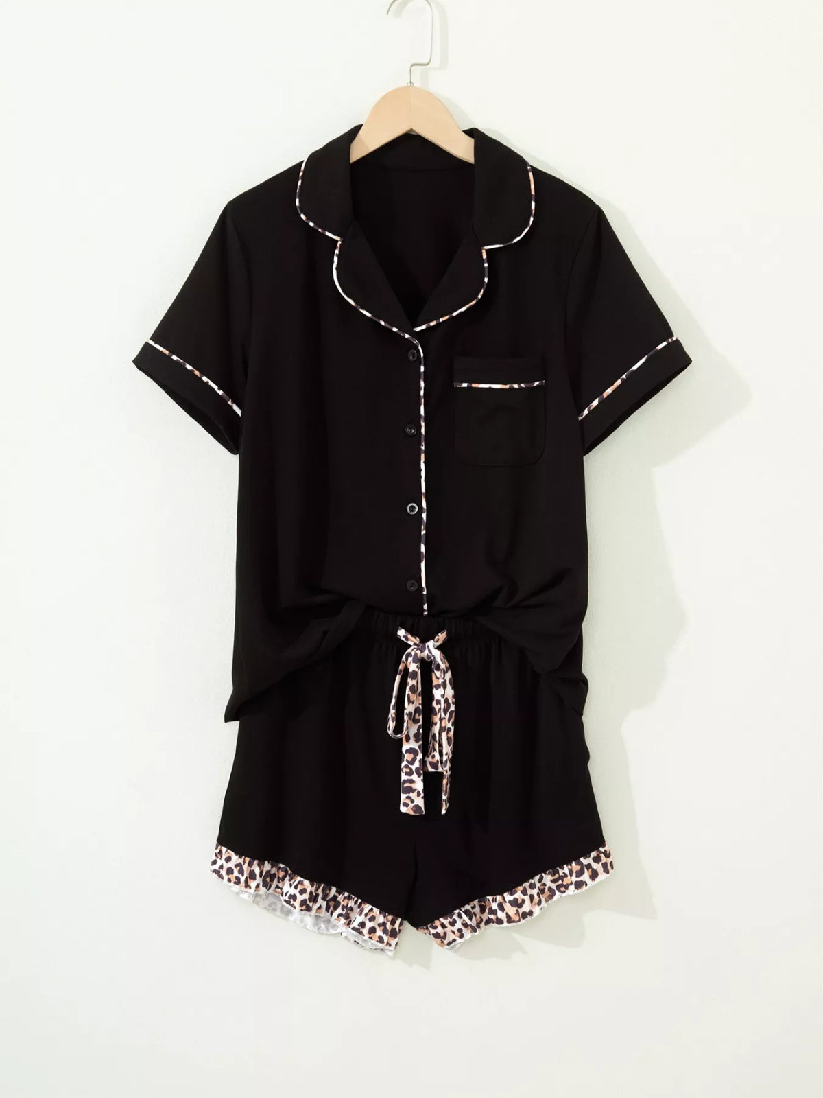k Leopard Patchwork Trim Lapel Shirt Drawstring Shorts 2pcs Pajama Set - Lilixa.store