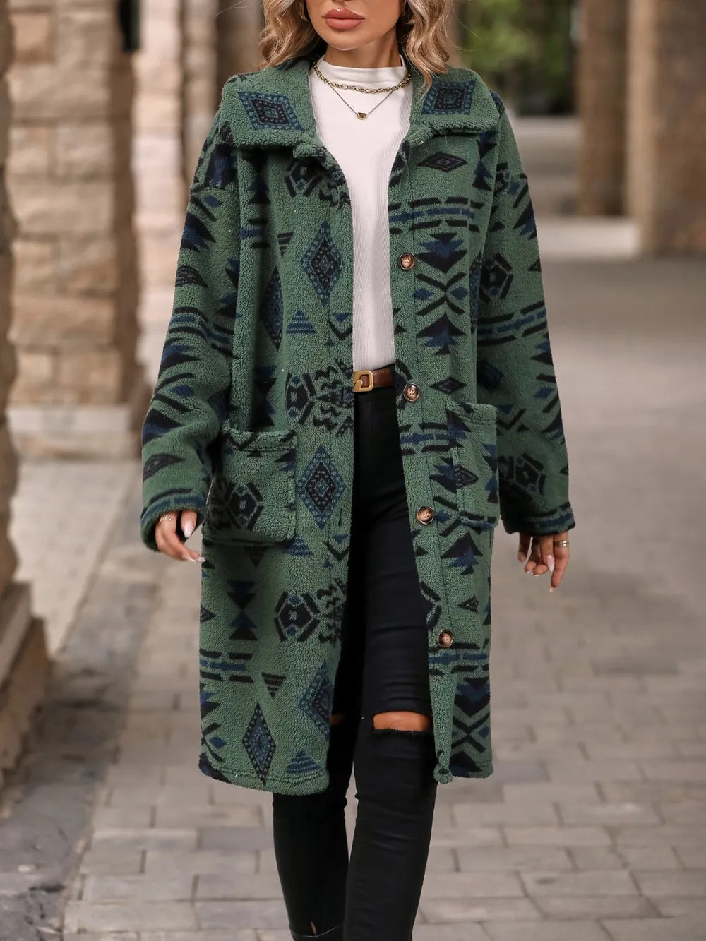 Geometric Pocketed Dropped Shoulder Coat in Sage
