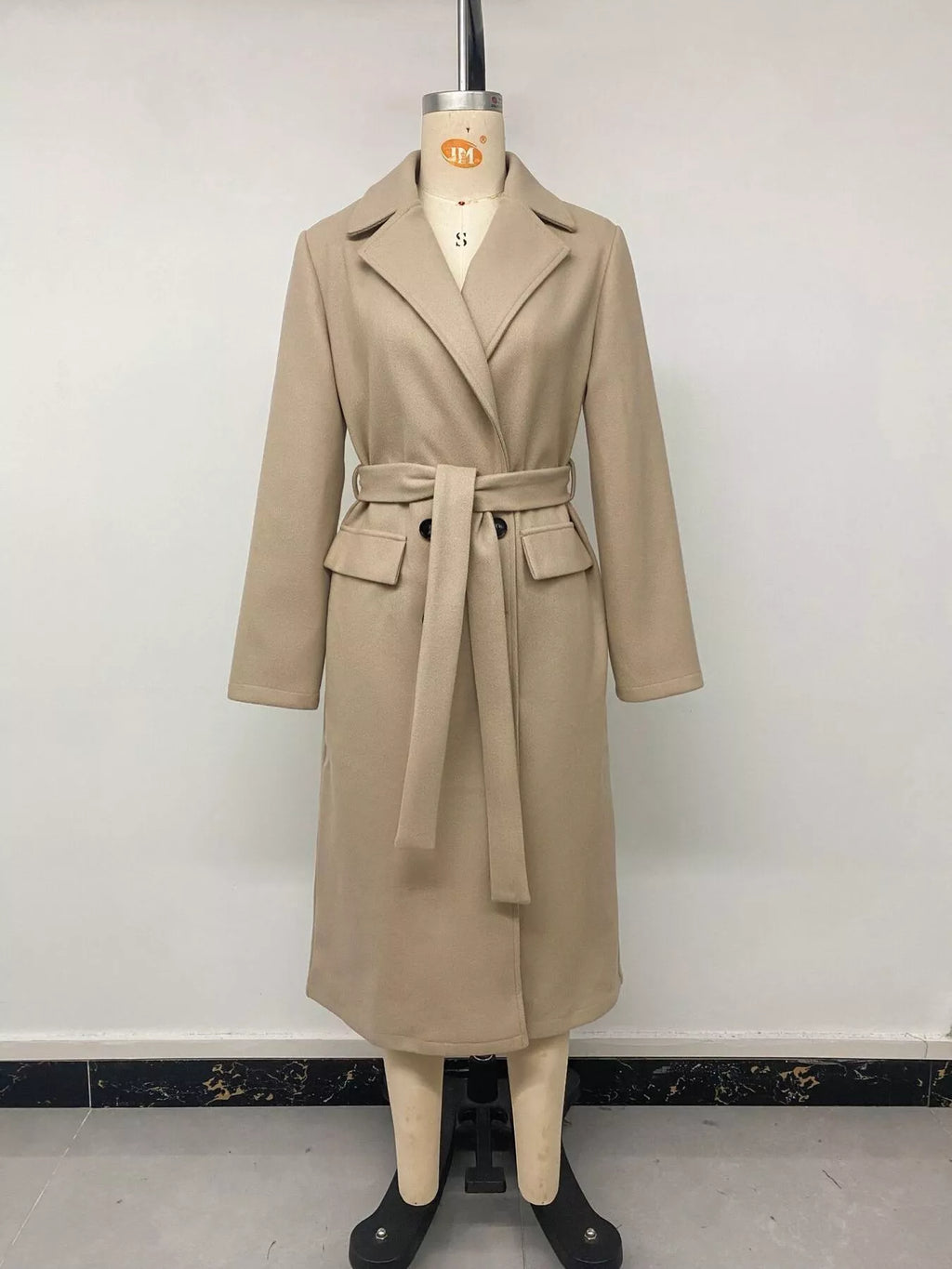 Double-Breasted Lapel Collar Longline Coat in Khaki, view 9