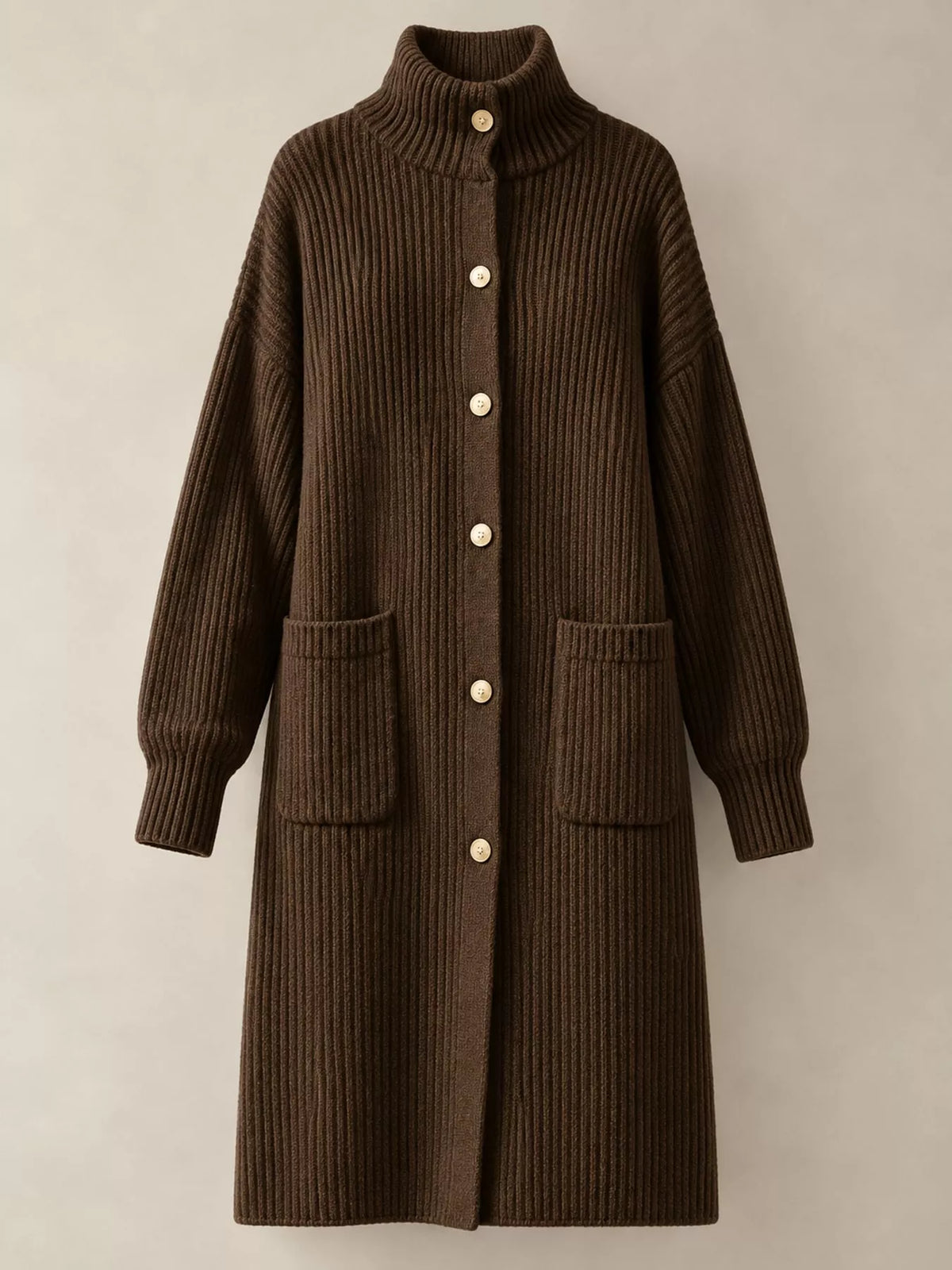 Ribbed Knit Turtleneck Button Up Longline Cardigan in Dark Brown, view 6