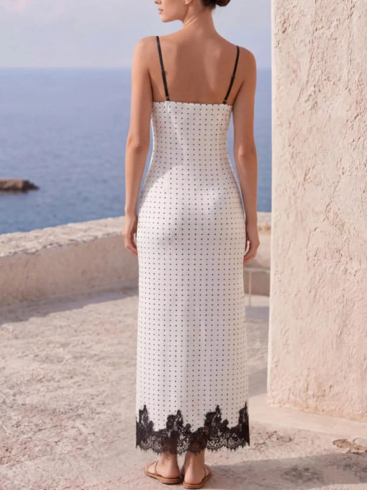 Polka Dot Lace Trim Spaghetti Strap Maxi Dress