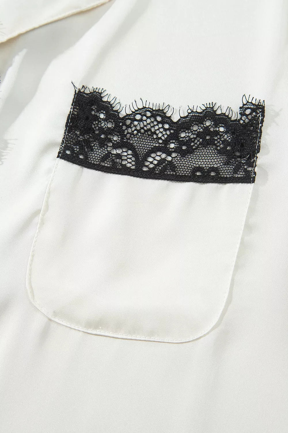 Long Sleeve Lace Trim Button Front Pajama Set in White, view 6