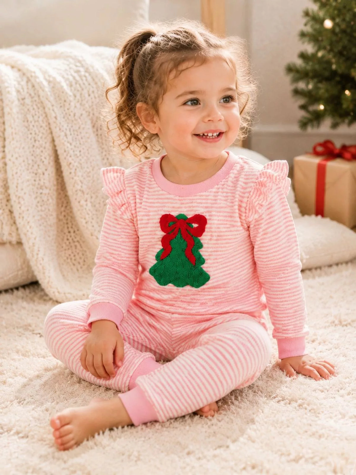 Children's Striped Christmas Tree Ruffle Pajama Set - Lilixa.store