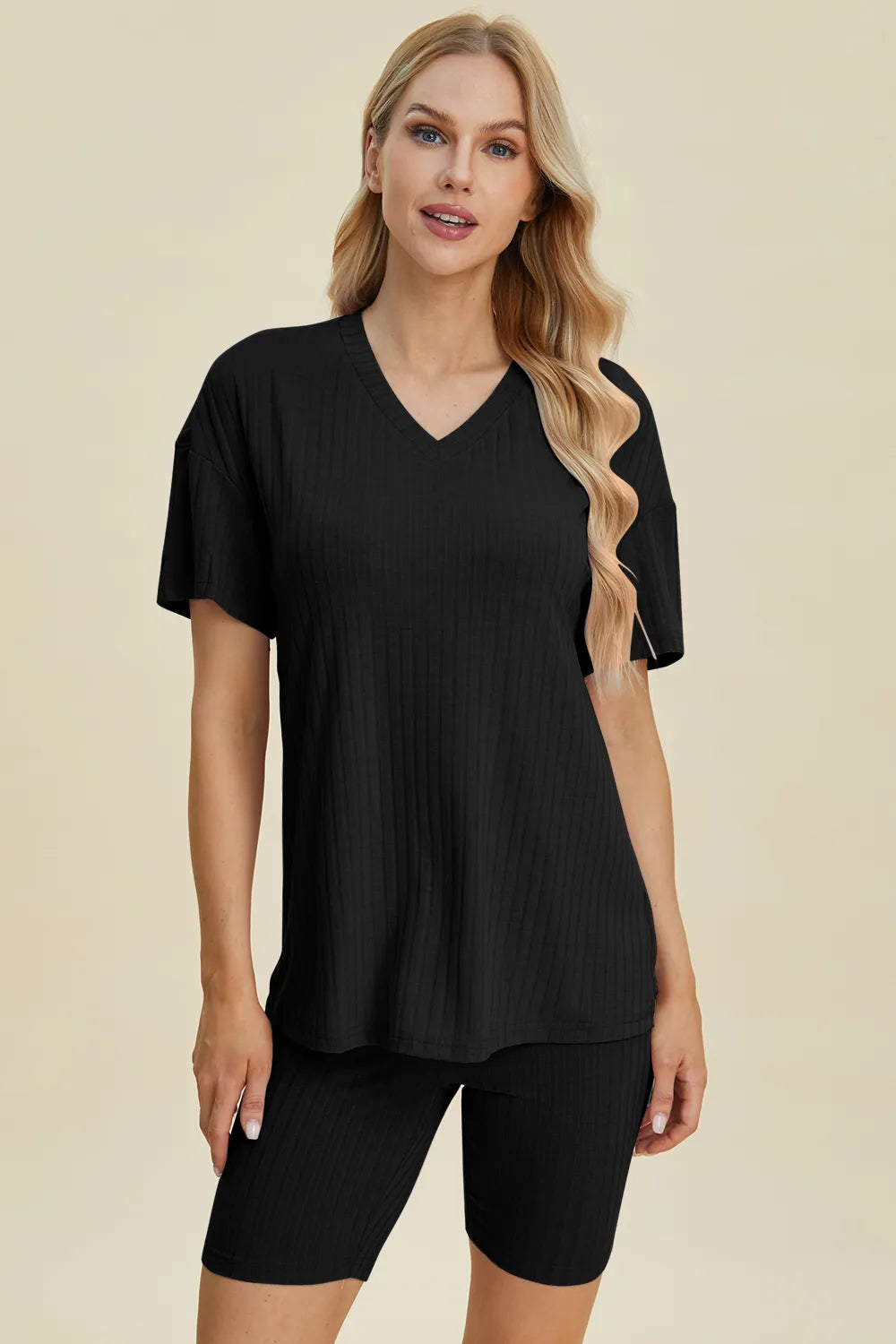 Basic Bae Full Size Ribbed V-Neck Short Sleeve Top and Shorts Set - Lilixa.store