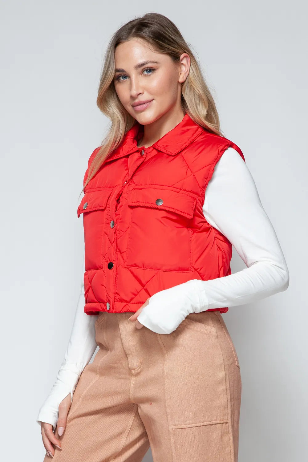 Snobbish Snap Down Quilted Crop Vest in Red, view 4