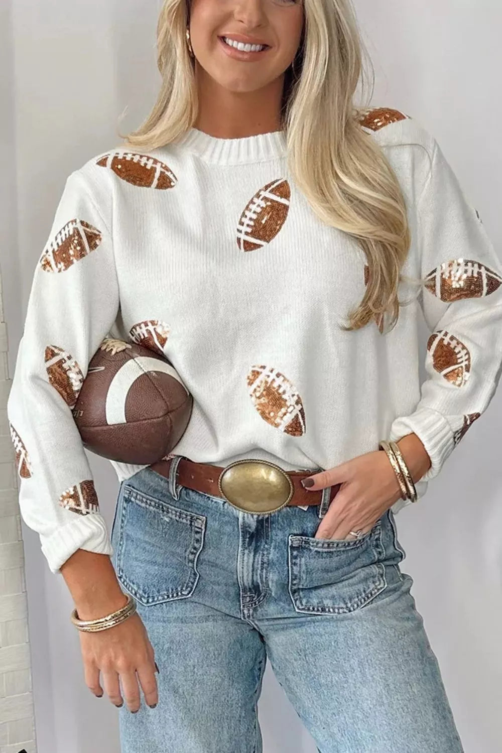Sequin Football Print Round Neck Long Sleeve Loose Fit Sweater - Lilixa.store