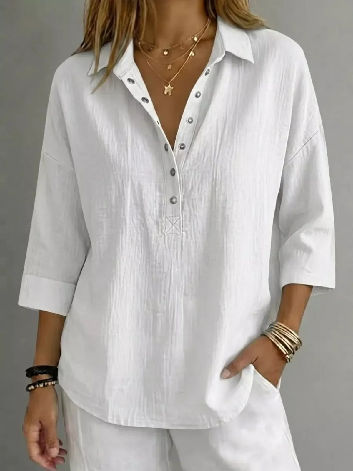 Full Size Snap Down 3/4 Sleeves Blouse Plus Size - Lilixa.store