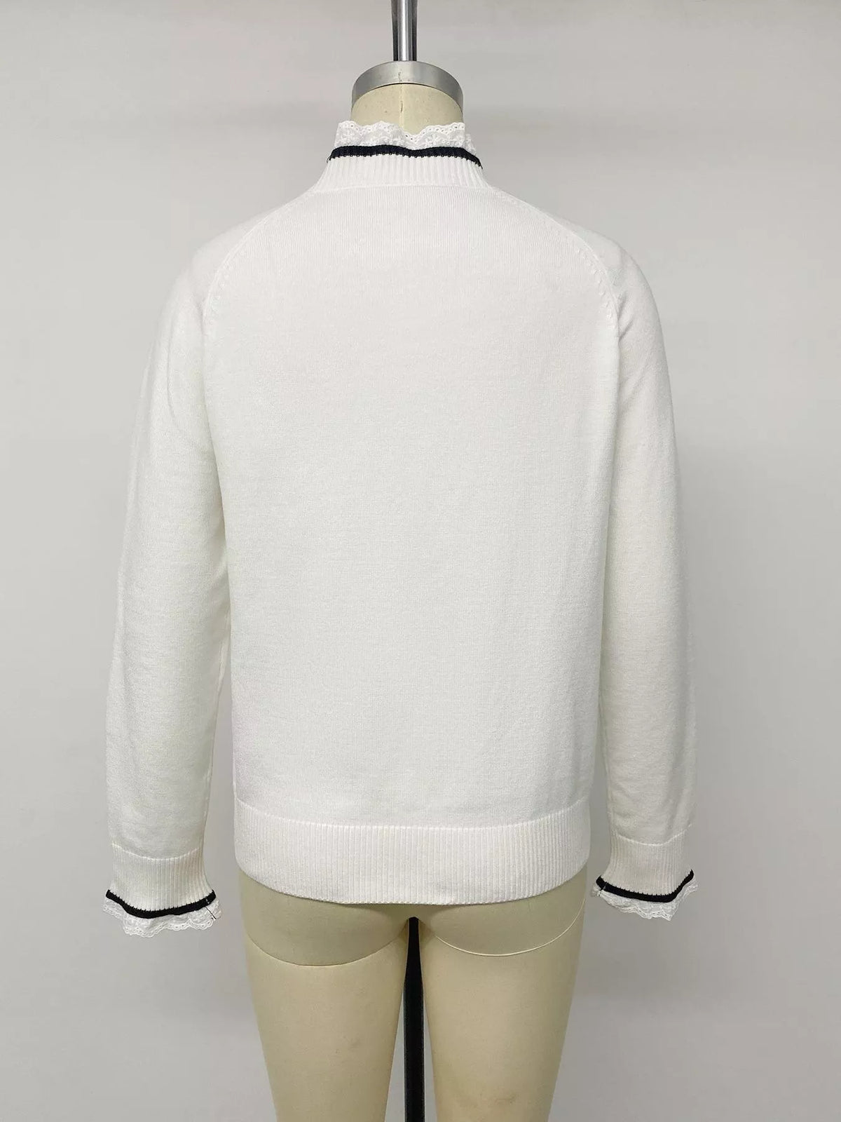 Bow-Embellished Lace Trim Sweater in White, view 10