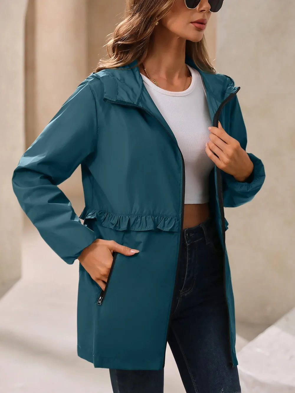 Ivy Lane Outdoor Waterproof Long Sleeve Hooded Windbreaker in French Blue