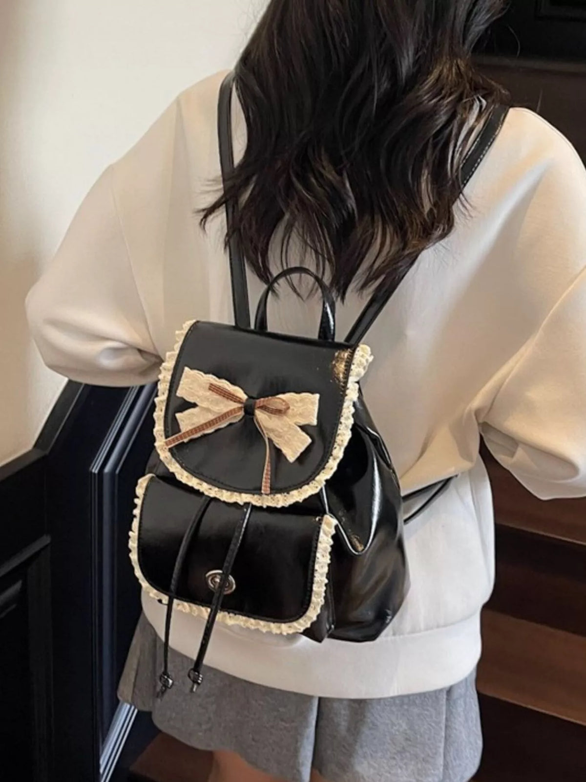 Lace Trim Bow Decor Backpack Bag - Lilixa.store