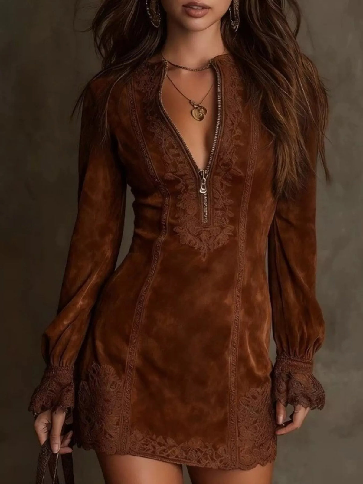 Full Size Zip-Front Long Sleeve Mini Dress Plus Size - Lilixa.store