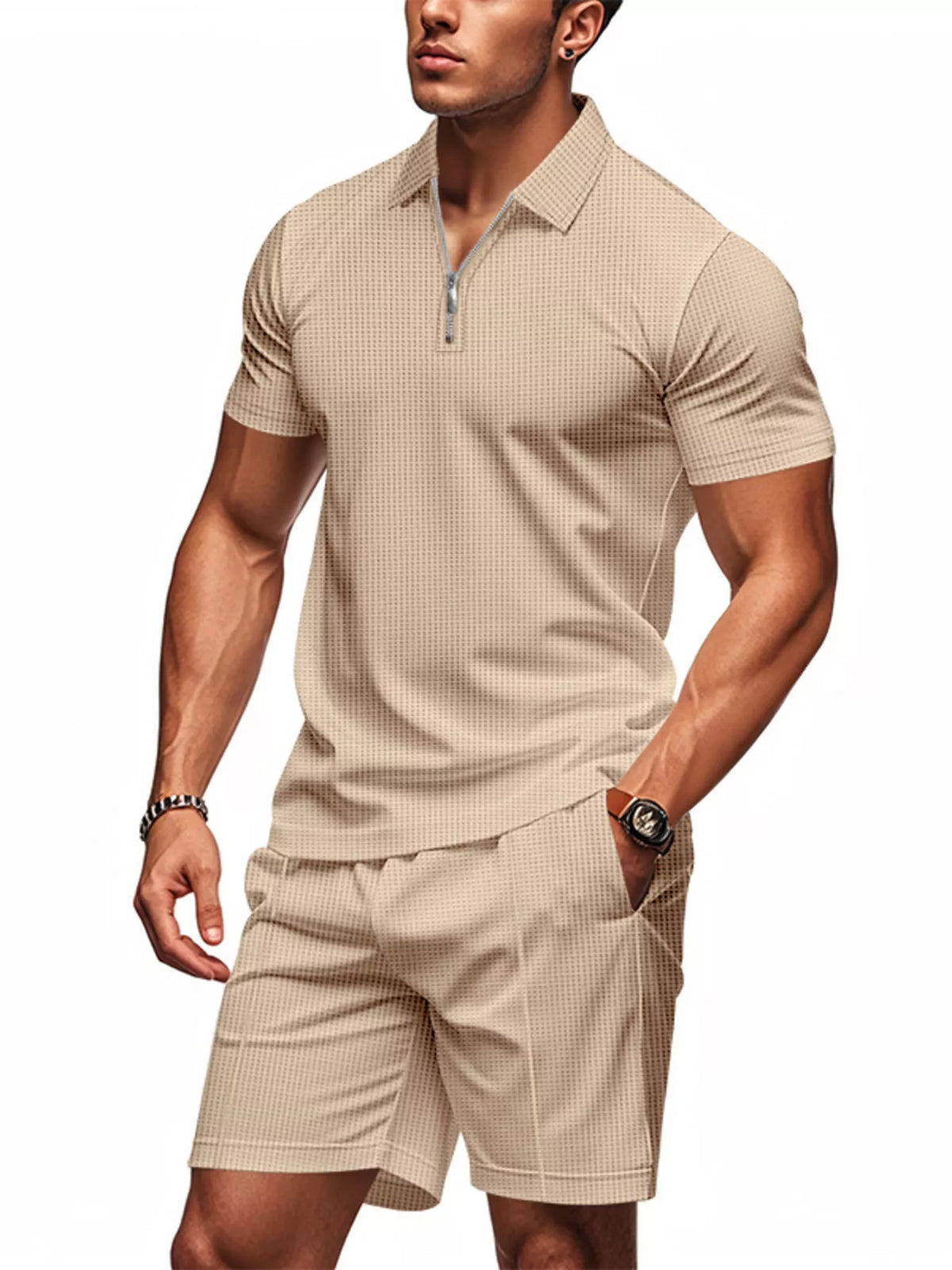 Men's Plus Size Quarter Zipper Polo Shirt and Shorts Set