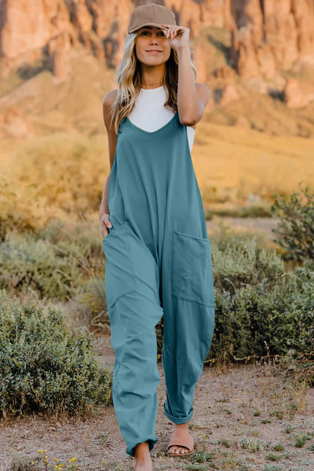 Double Take Full Size V-Neck Sleeveless Jumpsuit with Pockets - Lilixa.store