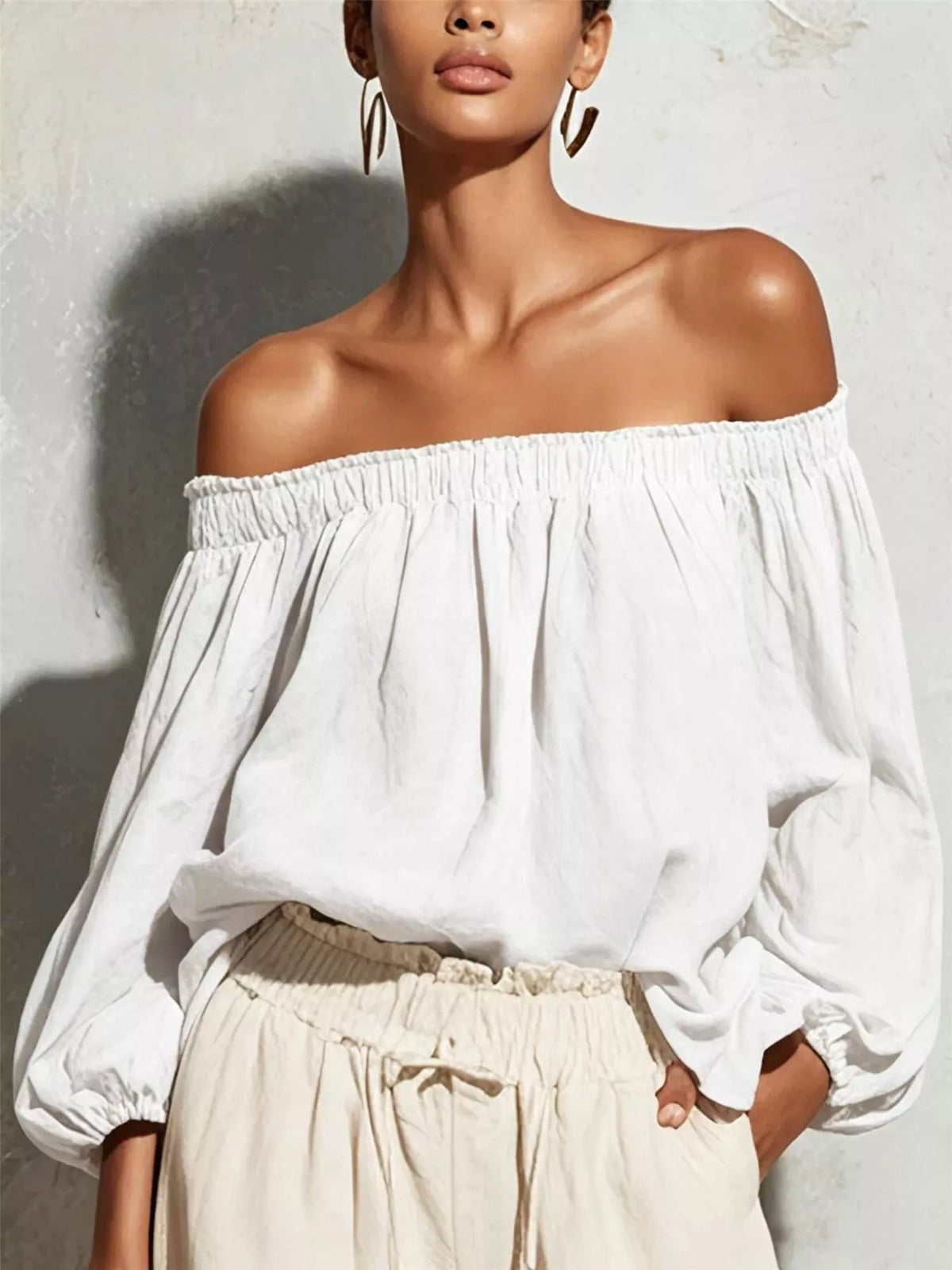 Off-Shoulder Long Sleeve Blouse - Lilixa.store