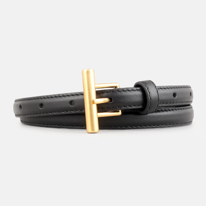 Leather Belt with Golden T-Buckle - Lilixa.store