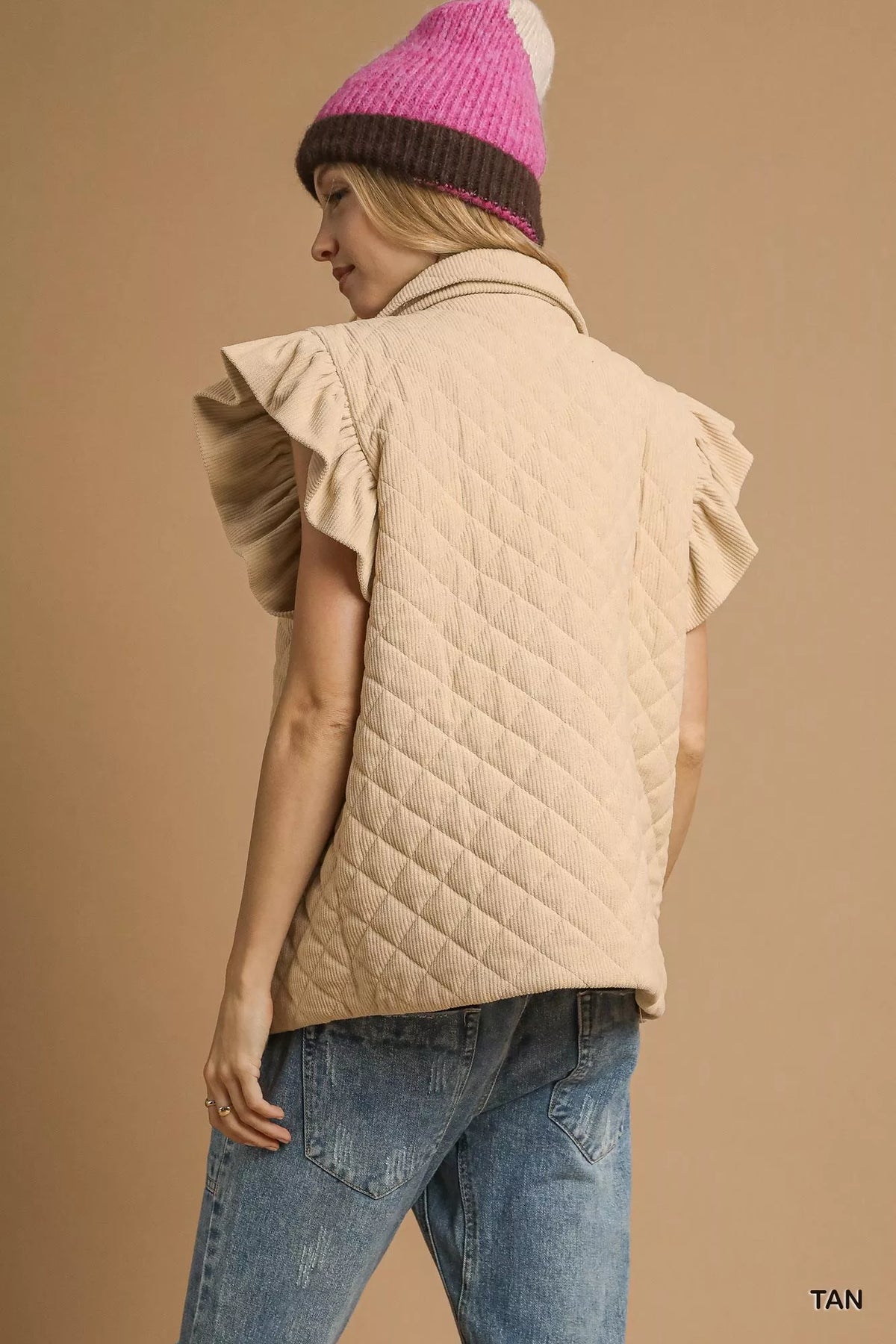 Umgee Corduroy Quilted Ruffle Sleeve Vest - Lilixa.store