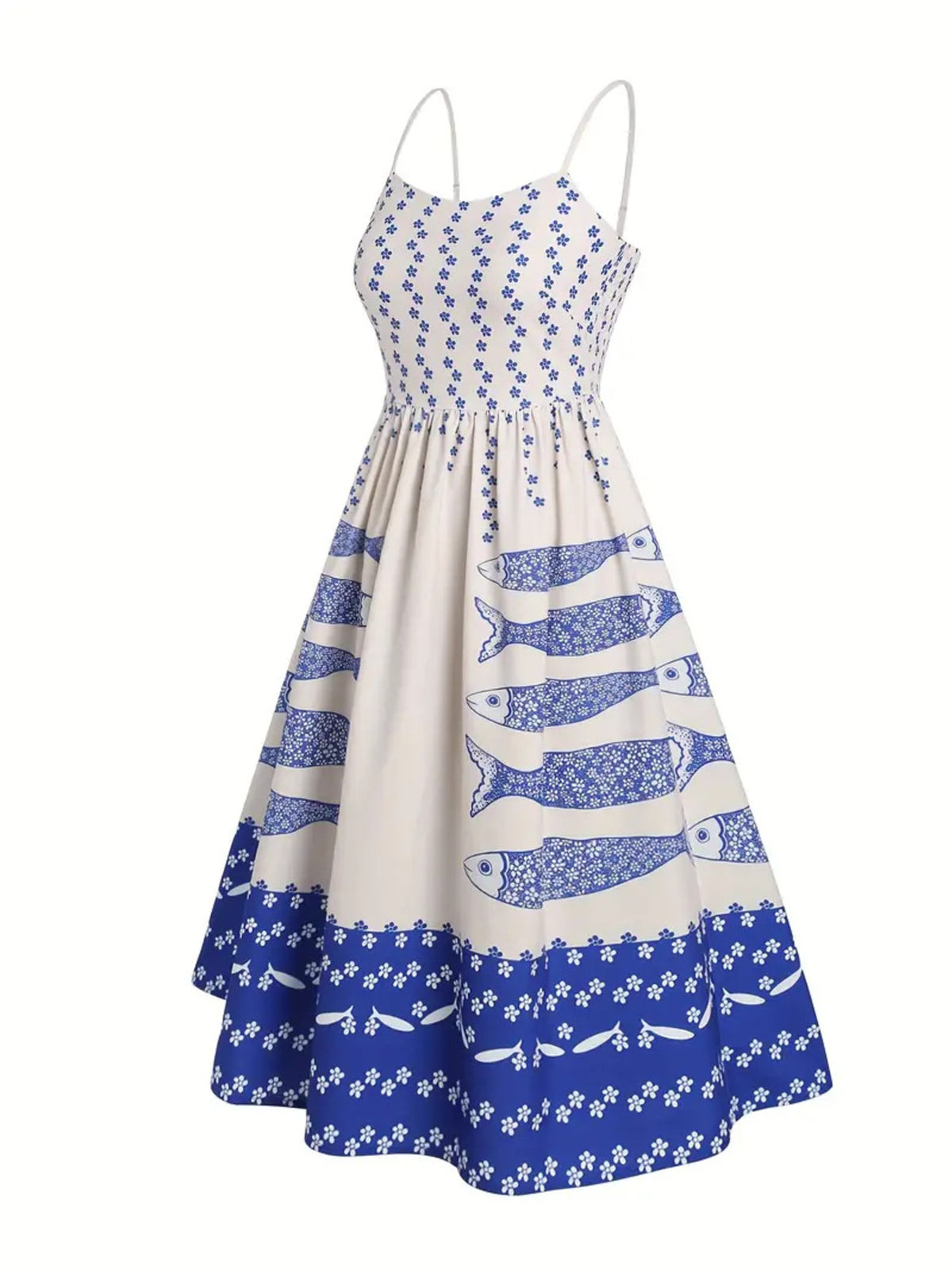 Sardine Print Spaghetti Strap Midi Dress - Lilixa.store