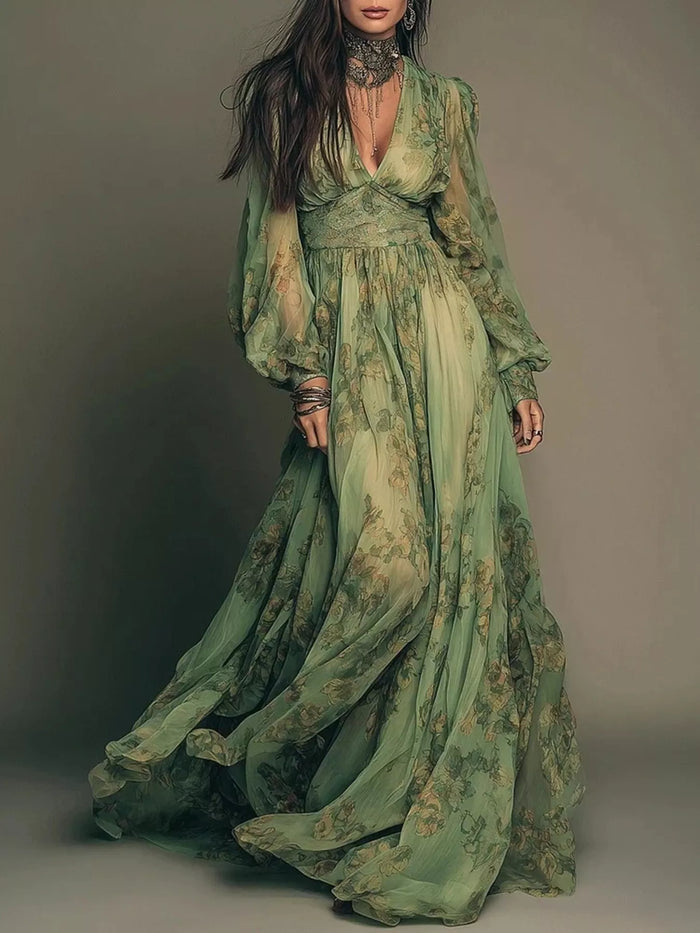 Floral Print V-Neck Maxi Dress - Lilixa.store