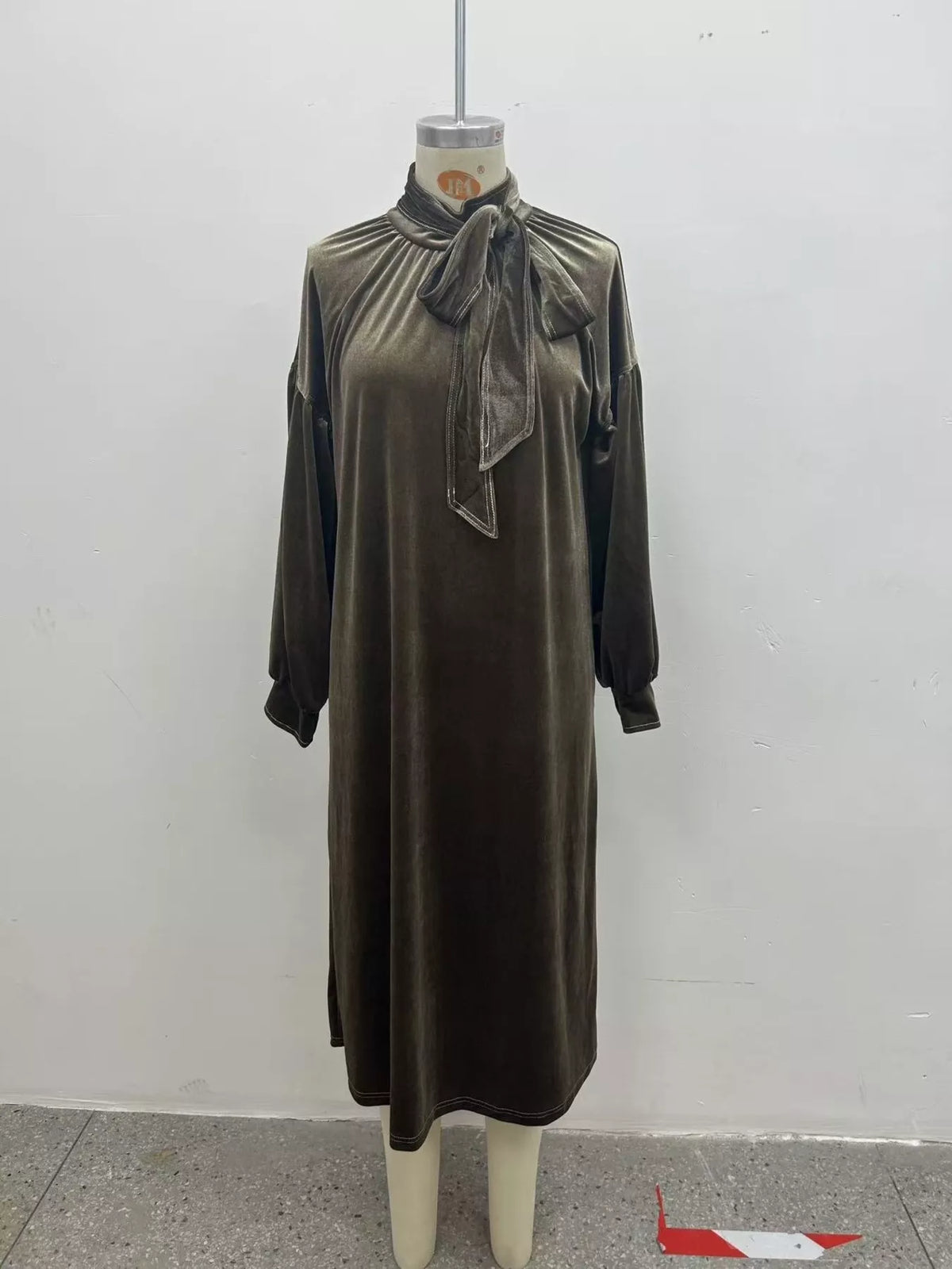 Full Size Velvet Tie-Neck Lantern Sleeve Midi Dress Plus Size