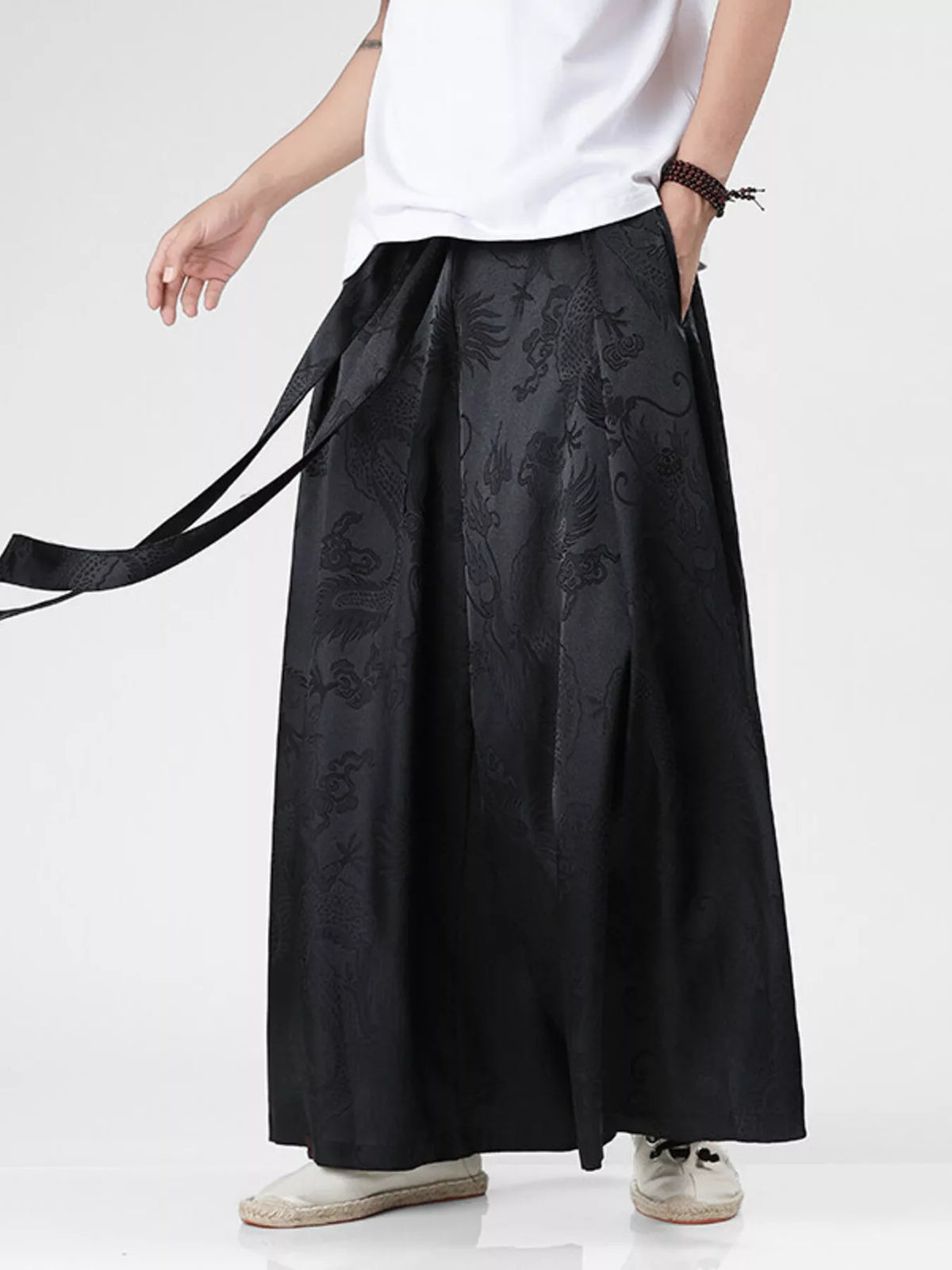 Men's Plus Size Dragon Pattern Wide Leg Pants in Black