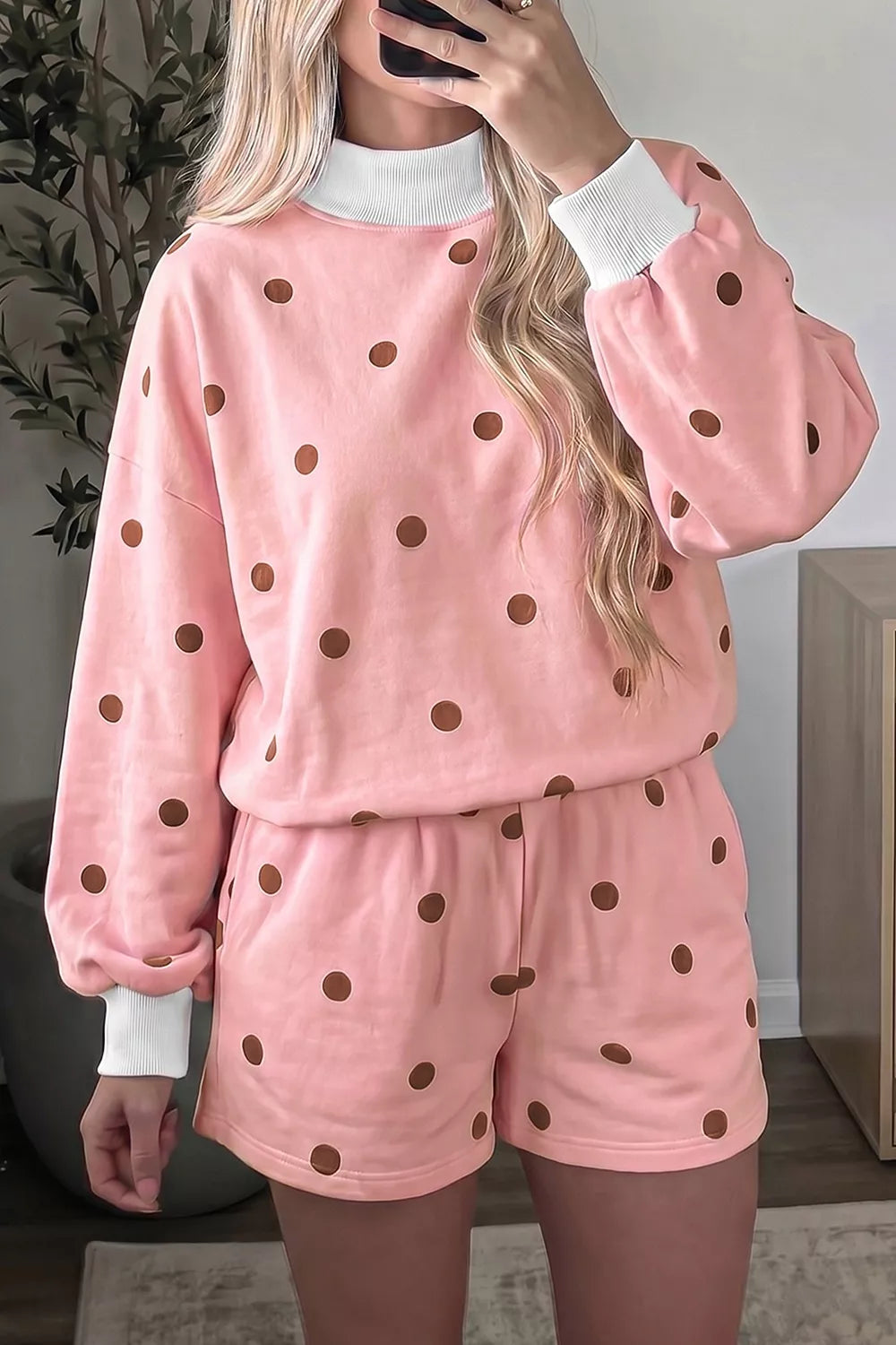 Polka Dot Long Sleeve Sweatshirt and Shorts Lounge Set - Lilixa.store