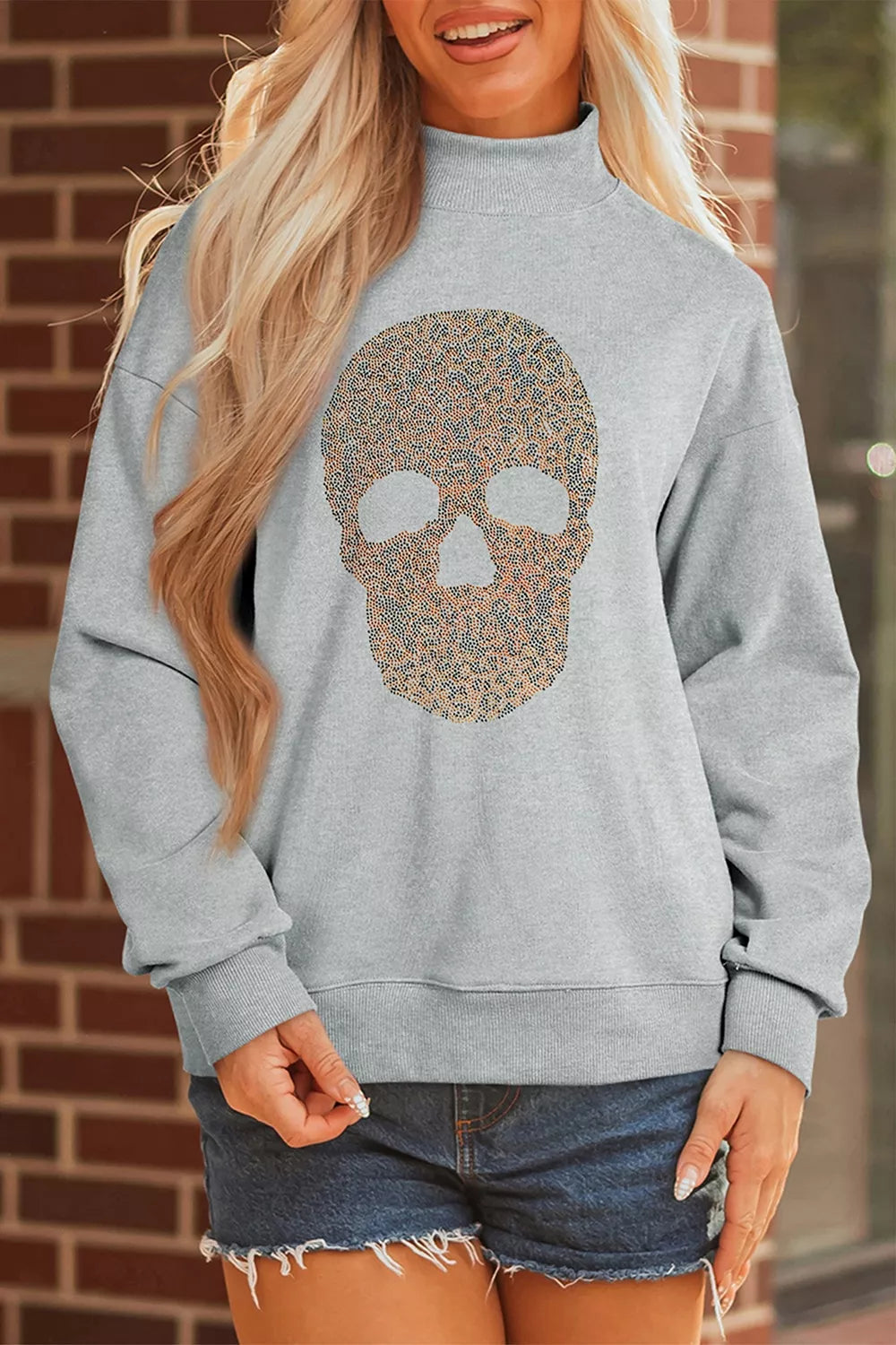 Halloween Rhinestone Skull Graphic Mock Neck Baggy Pullover Sweatshirt - Lilixa.store