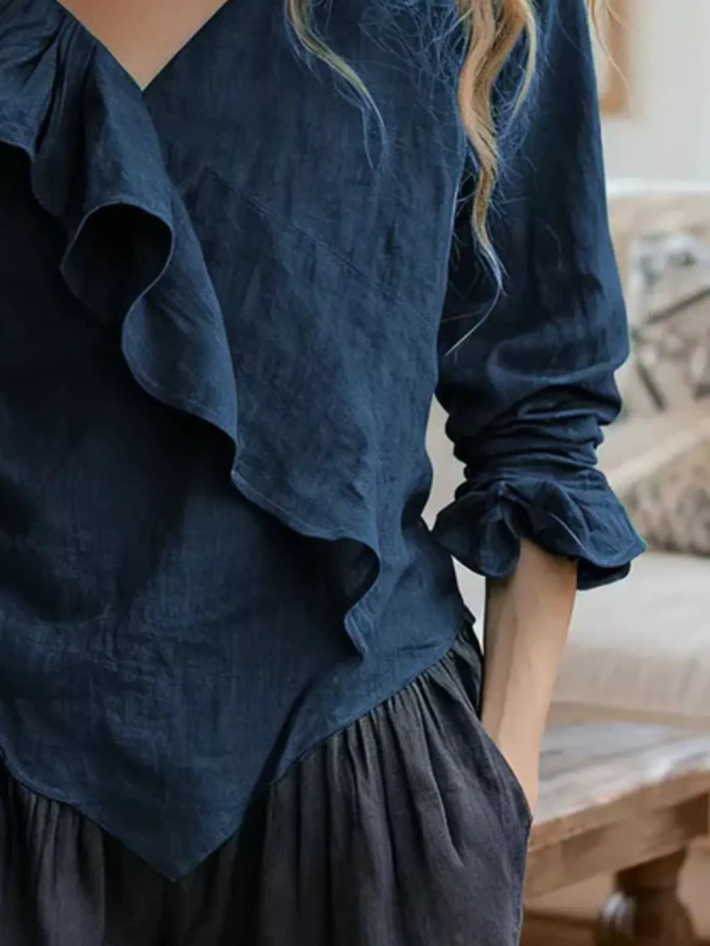 V-Neck Ruffled Long Sleeve Blouse - Lilixa.store