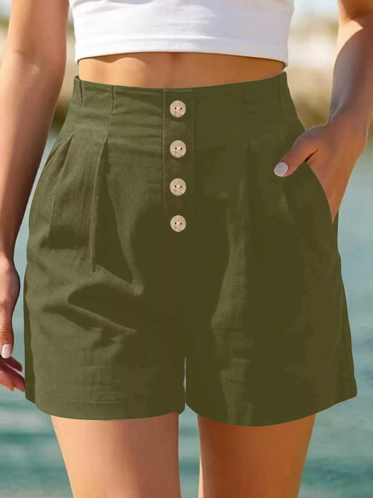Button Fly High Waist Shorts in Army Green
