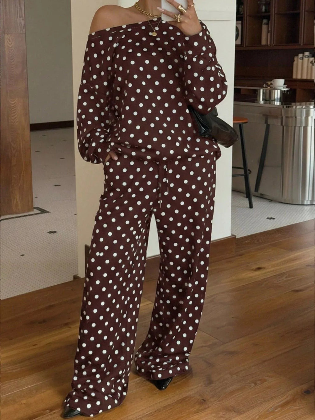 Polka Dot Boat Neck Top and Pants Set - Lilixa.store