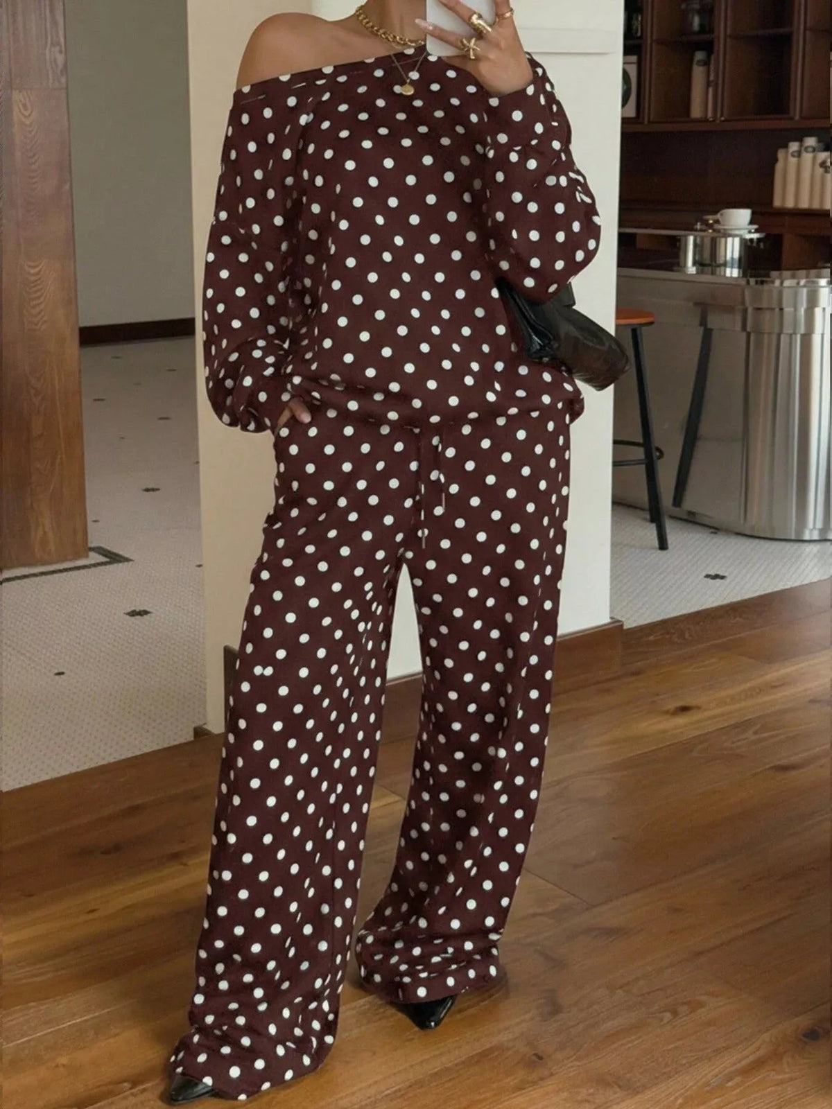 Polka Dot Boat Neck Top and Pants Set - Lilixa.store