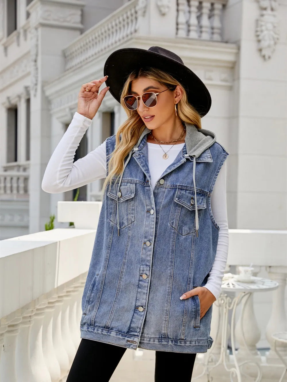 Drawstring Pocketed Button Up Sleeveless Denim Jacket in Dusty Blue