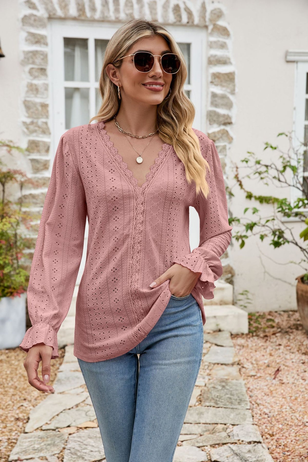 Eyelet Lace Trim Flounce Sleeve Blouse in Dusty Pink