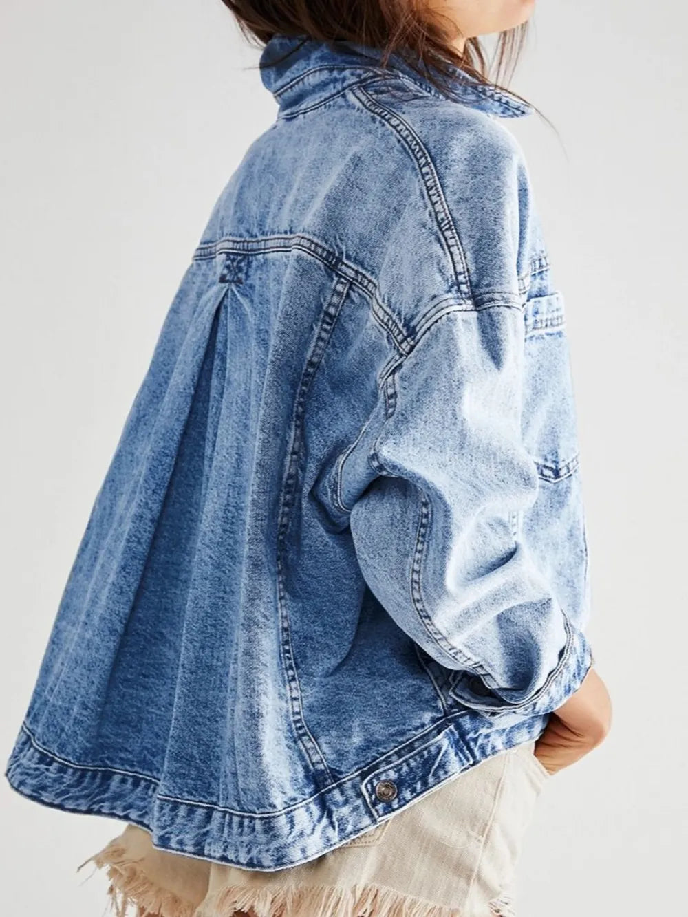 Pocketed Button Up Denim Jacket in Light Blue, view 11