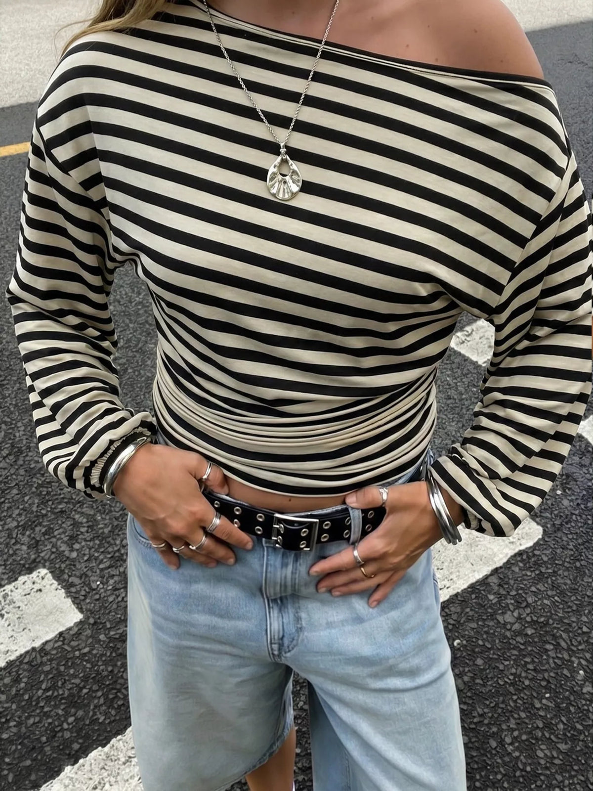 One Shoulder Striped Long Sleeve Slim-Fit T-Shirt - Lilixa.store
