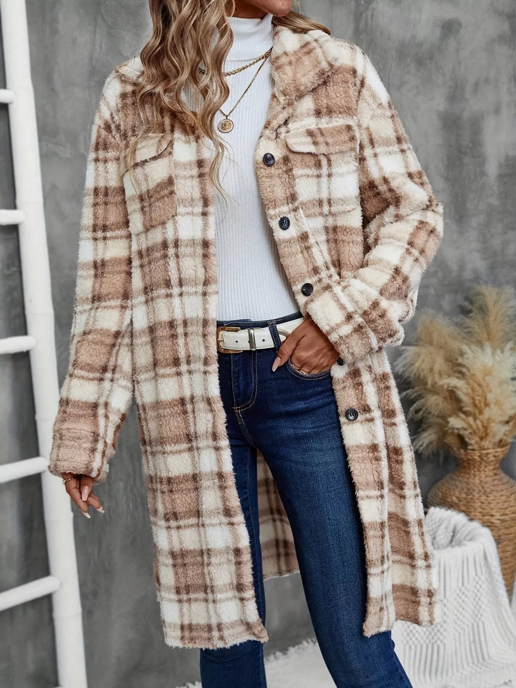 Plaid Fleece Button Up Longline Outerwear - Lilixa.store