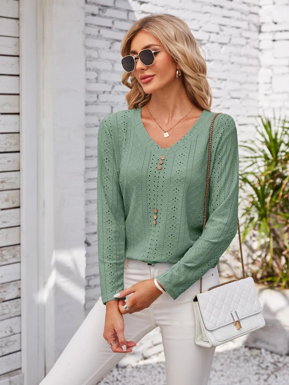 Decorative Button Openwork V-Neck T-Shirt - Lilixa.store