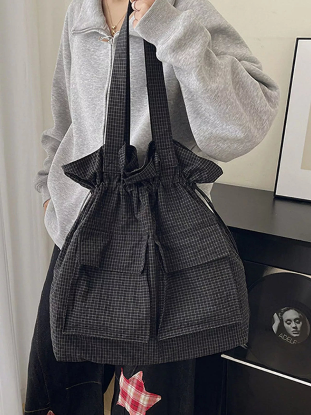 Convertible Plaid Drawstring Backpack Bag - Lilixa.store