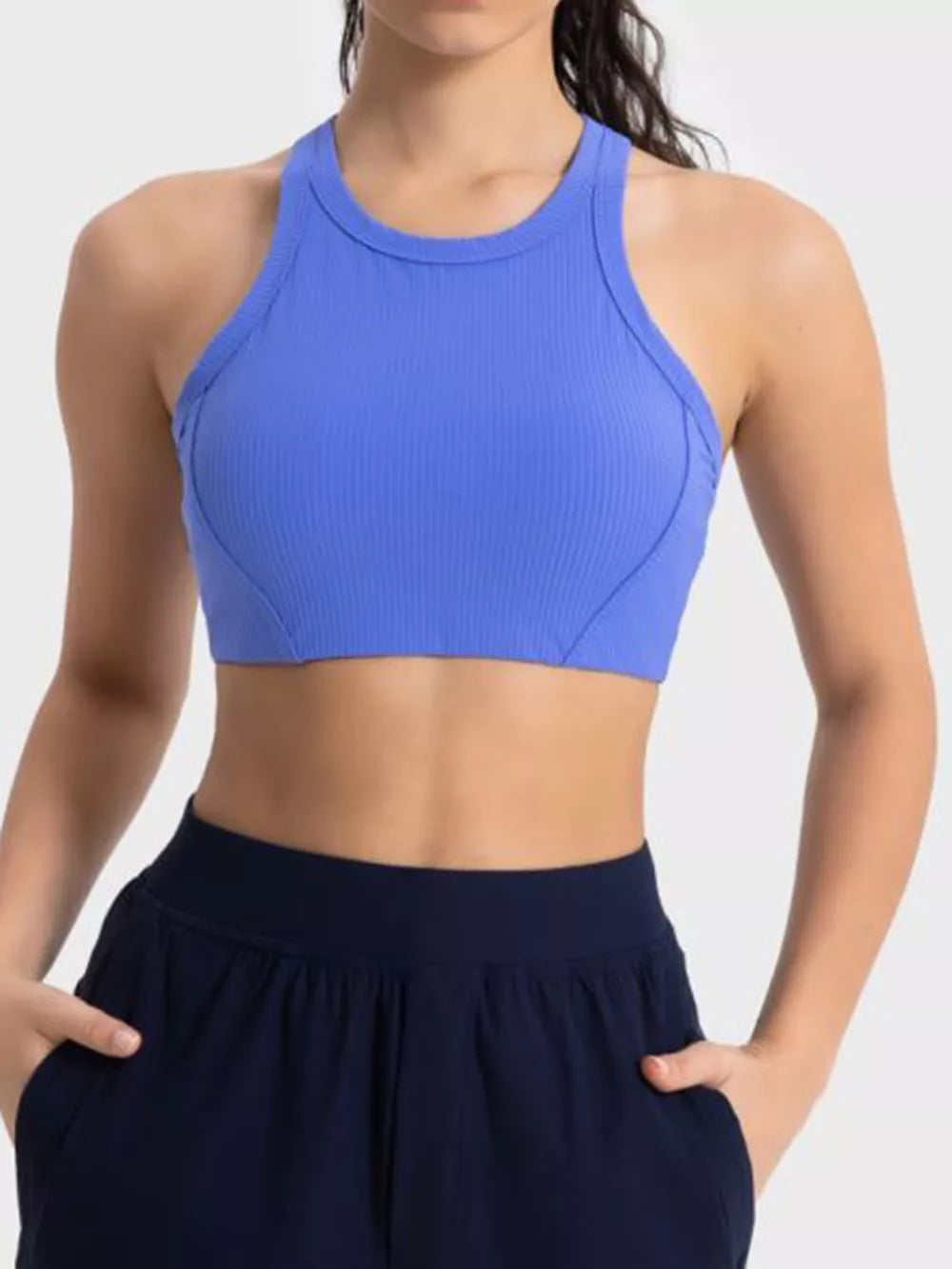 Millennia Wide Strap Cropped Sport Tank in Blue