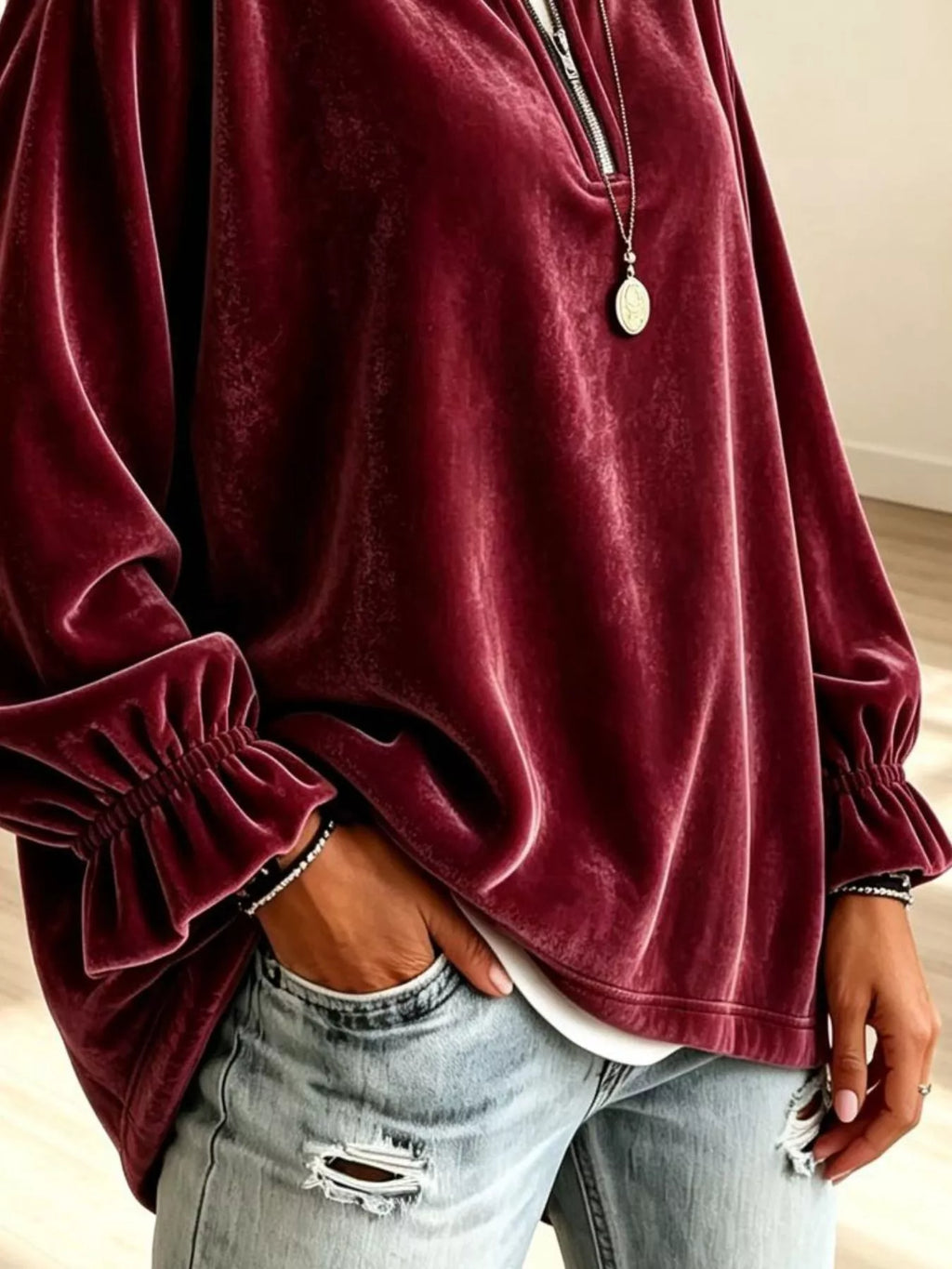 Velvet Quarter-Zip Sweatshirt with Ruffled Cuffs - Lilixa.store