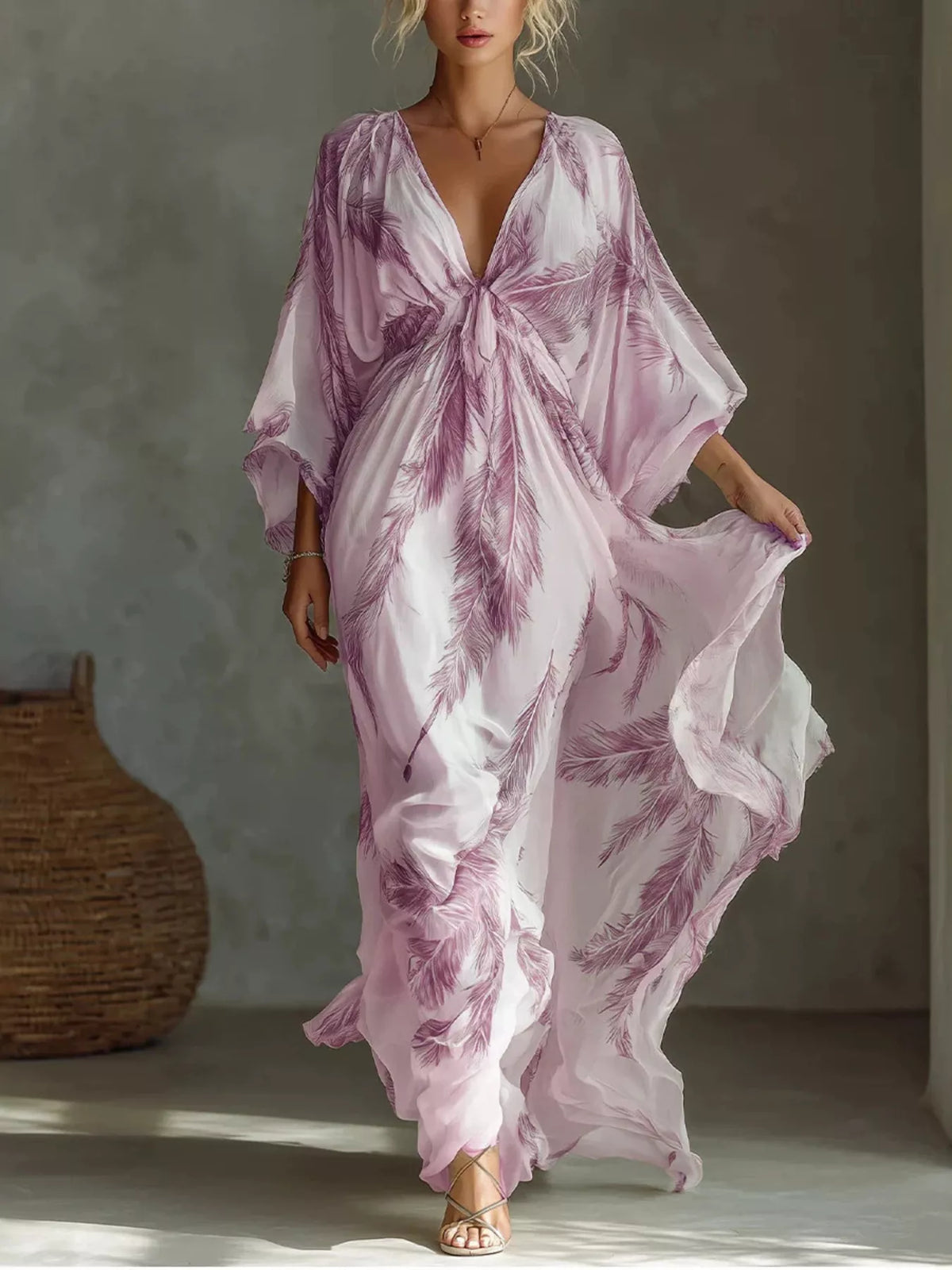 Full Size Feather Print V-Neck Flowy Maxi Dress Plus Size - Lilixa.store