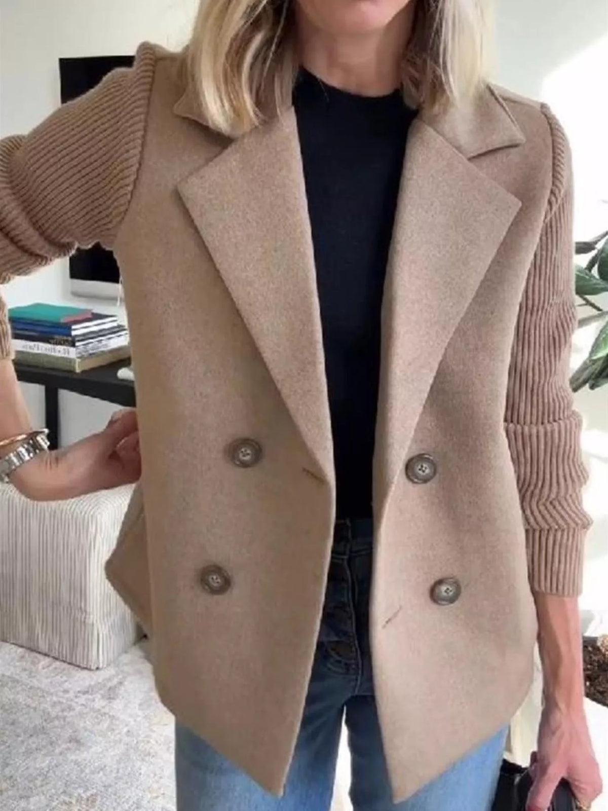 Full Size Knit Sleeve Double-Breasted Outerwear Plus Size in Taupe