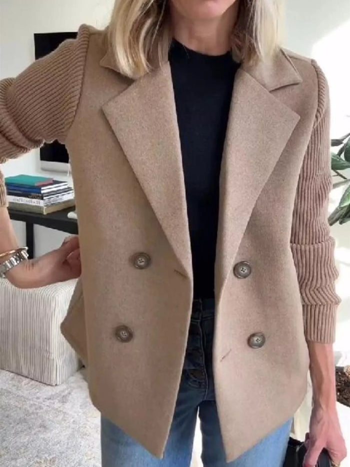Full Size Knit Sleeve Double-Breasted Outerwear Plus Size in Taupe