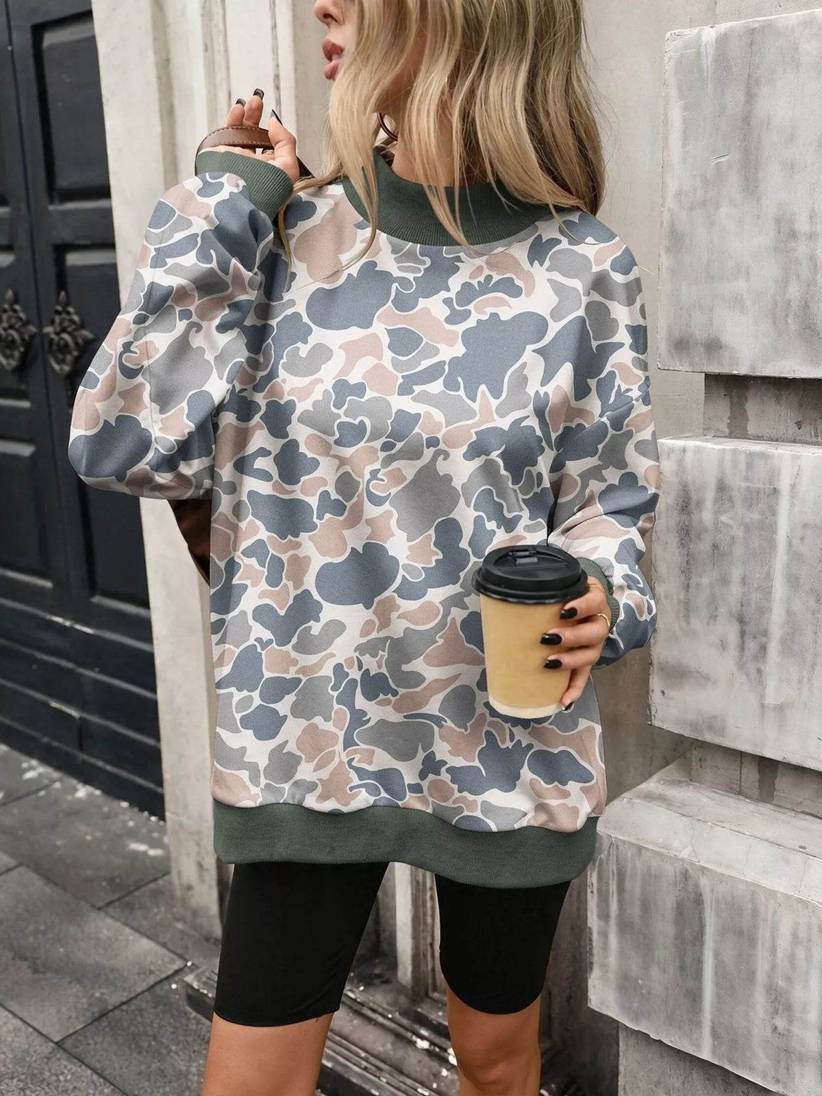 Camouflage Print Mock Neck Sweatshirt - Lilixa.store