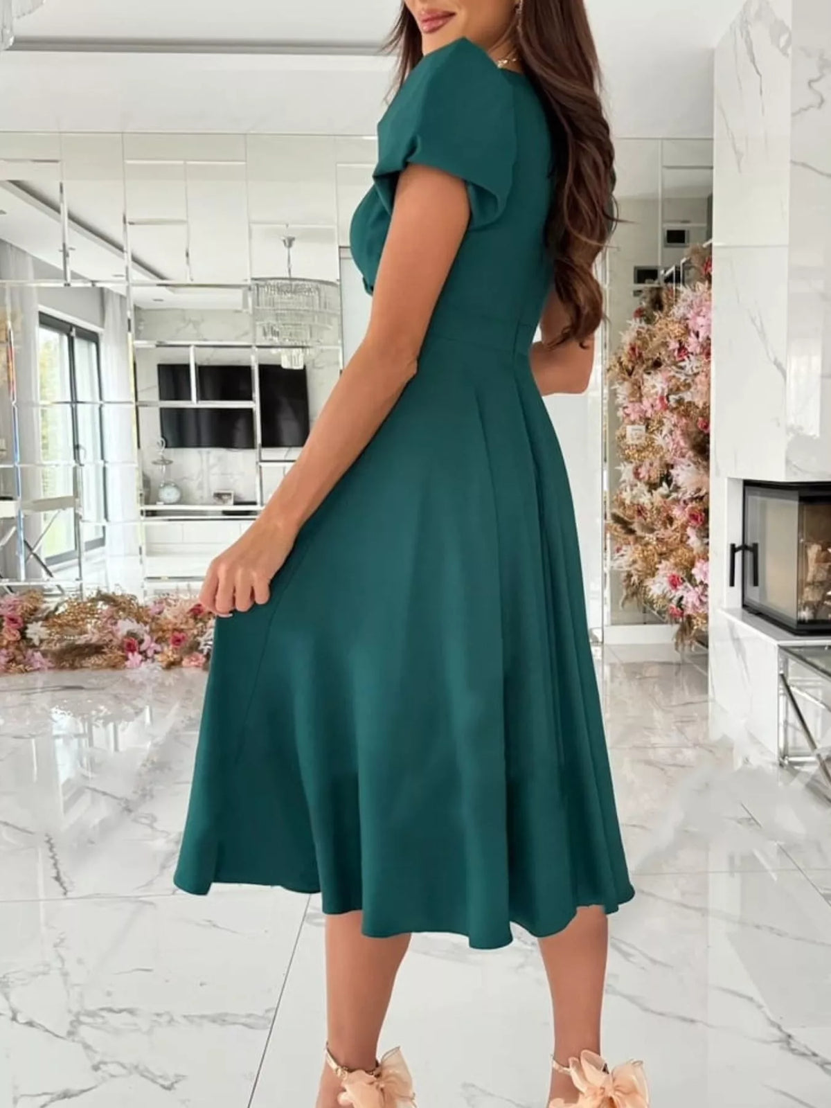 Surplice Puff Sleeve Midi Dress in Deep Teal