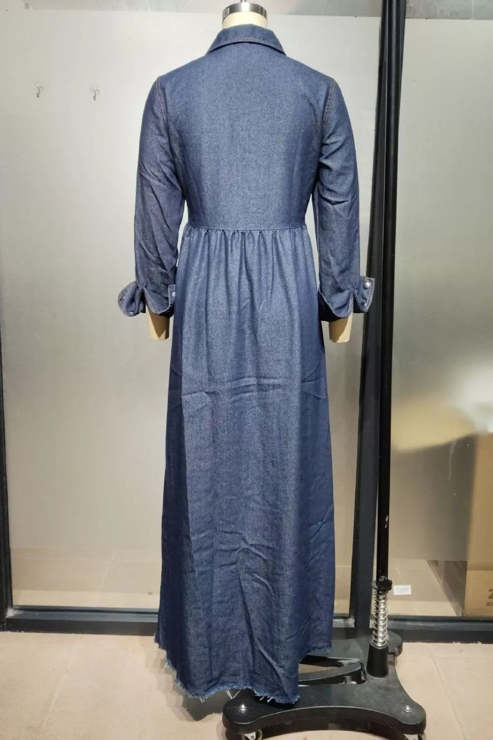 Raw Hem Long-Sleeve Denim Maxi Dress in Dark Blue, view 7