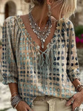 Full Size Tie Neck 3/4 Sleeve Blouse Plus Size - Lilixa.store