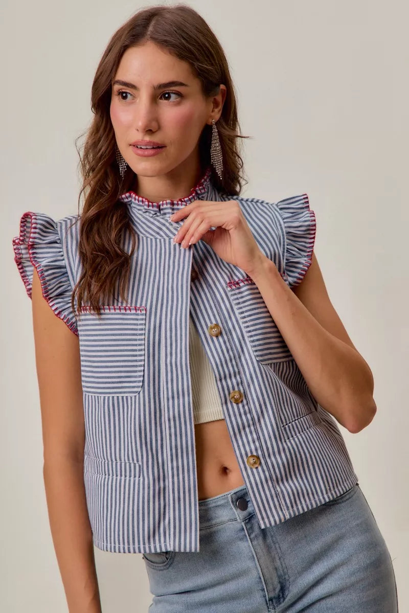 SO ME Stripe Twill Stitch Ruffled Hidden Button Vest Top - Lilixa.store