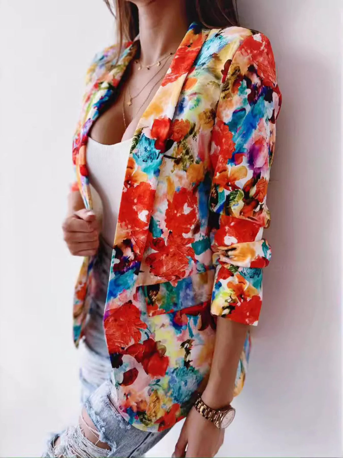 Vibrant Floral Print Open Front Blazer - Lilixa.store